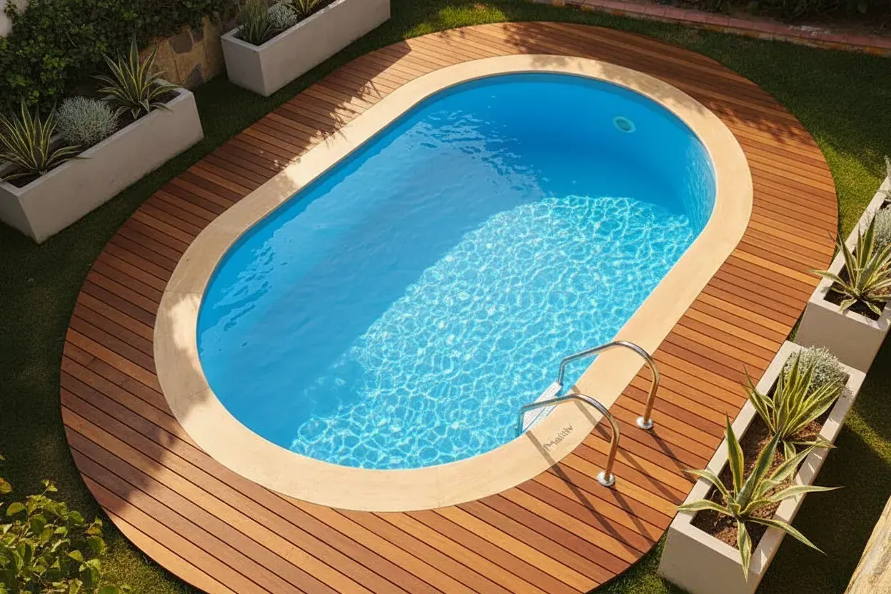 Oval havuz çevresindeki bahçe ve güneşlenme alanı